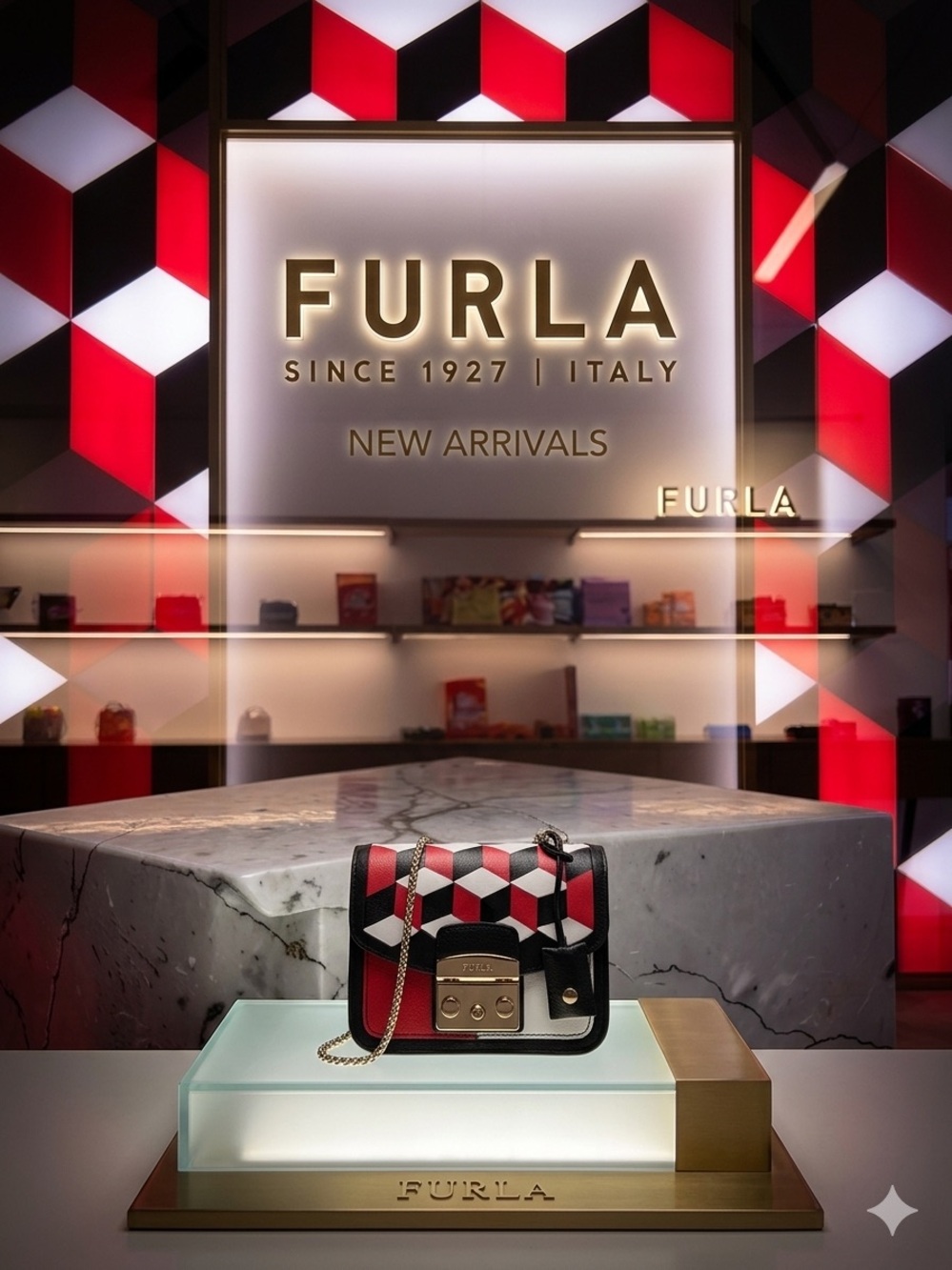 Furla Red Black White Geometric Crossbody Bag
